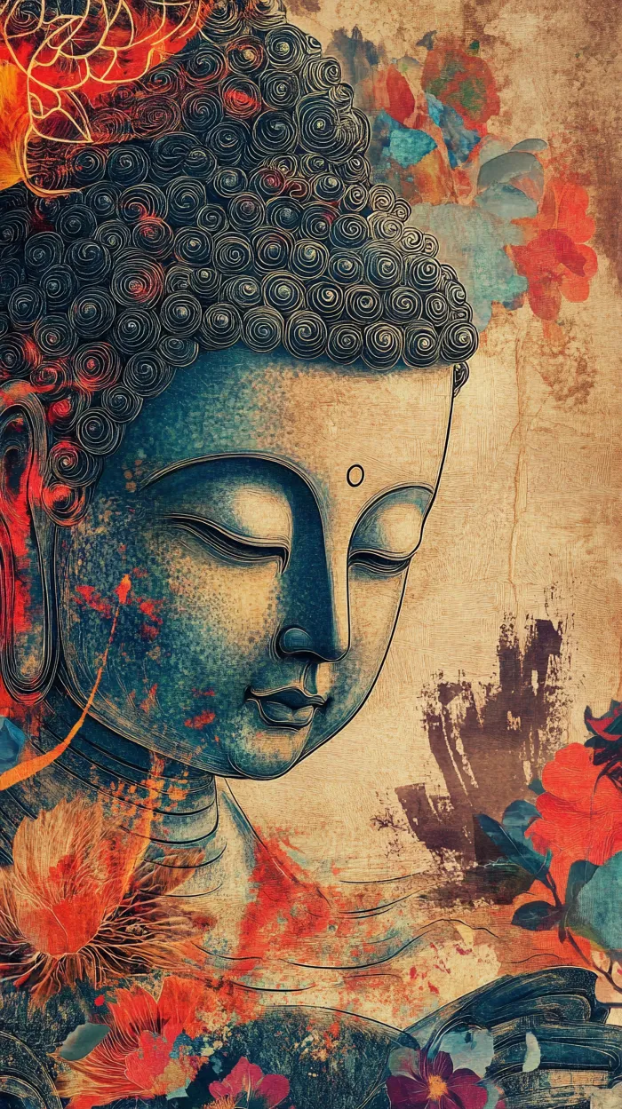 Vintage textured artwork featuring a teal profile of Lord Buddha with closed eyes surrounded by red lotus flowers. | PrintPosters.in